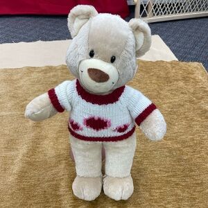 Build-a-Bear 15” cream color bear wearing heart design pullover sweater